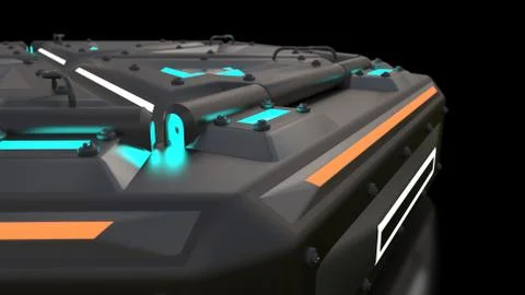 Complex glowing container object from the future. Many parts in complicated Illustrazione stock