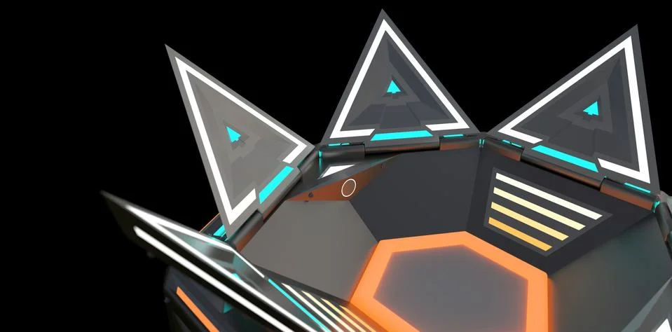 Complex glowing container object from the future. Many parts in complicated Illustrazione stock