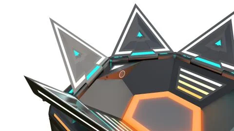 Complex glowing container object from the future. Many parts in complicated Illustrazione stock