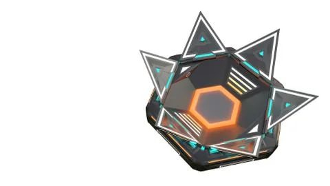 Complex glowing container object from the future. Many parts in complicated Illustrazione stock