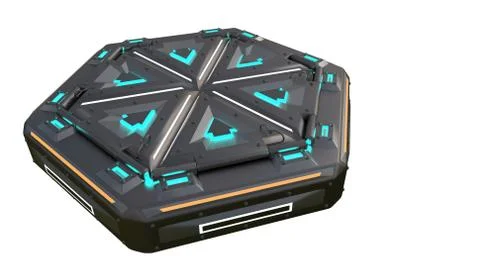 Complex glowing container object from the future. Many parts in complicated Illustrazione stock