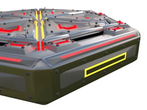 Complex glowing container object from the future. Many parts in complicated Illustrazione stock