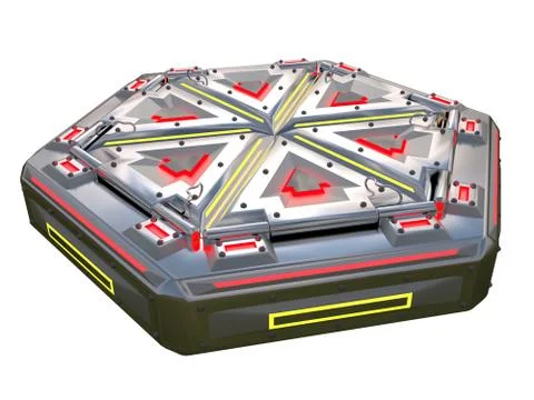 Complex glowing container object from the future. Many parts in complicated Illustrazione stock