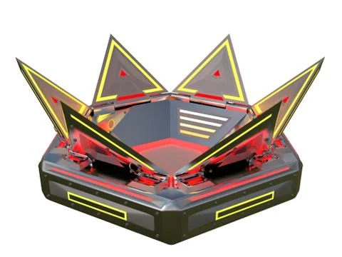 Complex glowing container object from the future. Many parts in complicated Illustrazione stock