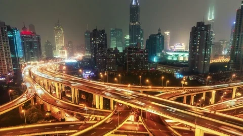 Complex highway interchange in Shanghai, China, at night. Stock Footage 82302287