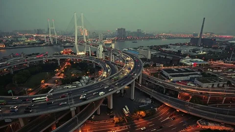 Complex highway interchange in Shanghai, China, at dusk Stock Footage 82343245