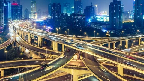 Complex highway interchange in Shanghai, China, at night. Stock Footage 104535258