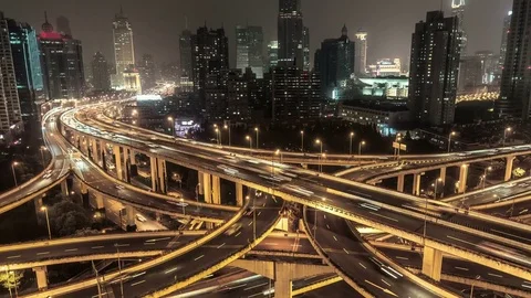 Complex highway intersection in Shanghai, China, at night. Stock Footage 82299985