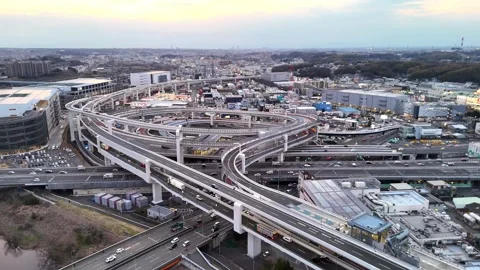 Complex Highway Junction | Magic Hour | Japan - 4K Aerial Video Stock Footage 333195248