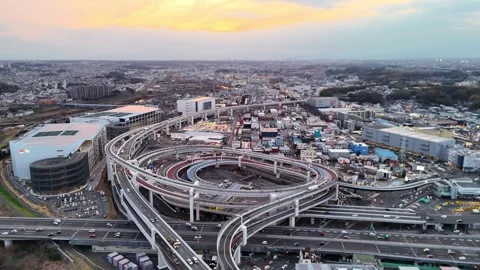 Complex Highway Junction | Sunset | Japan - 4K Aerial Video Stock Footage 333195274
