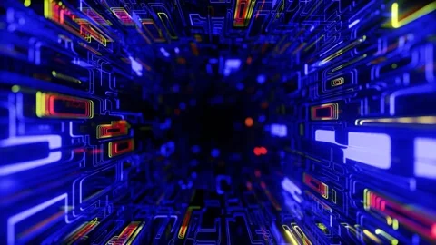 Complex holographic structures. Fly through mirror tunnel with neon pattern Stock Footage 281350272