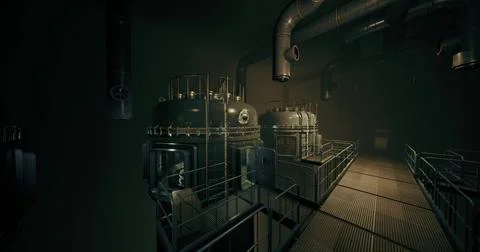 Complex industrial interior featuring large tanks and intricate piping system Stock Illustration