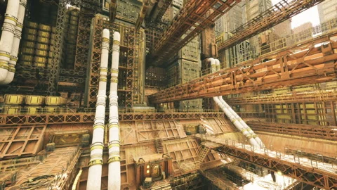 Complex industrial interior. Old factory setup with elaborate piping Stock Footage 339790812