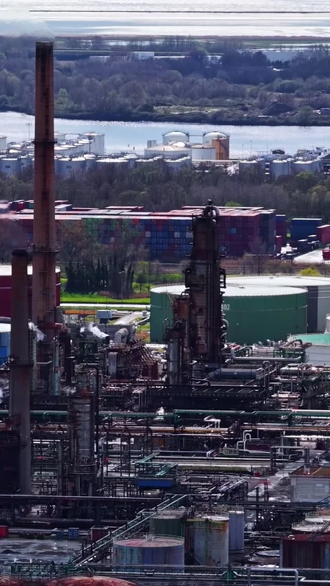 Complex Industrial Landscape with Smokestacks and Storage Tanks Near Waterway Stock Footage 336662365