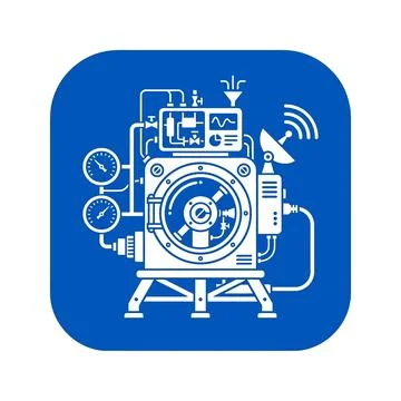 Complex industrial machine with multiple gauges and satellite for data coll.. Stock Illustration