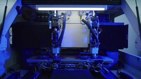 Complex industrial machinery processing microchips in blue light Stock Footage 316541067