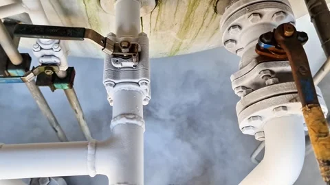 Complex Industrial Piping System and Frosted Valves Under a Cryogenic Liquid Gas Video stock 337723069