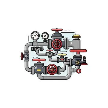 Complex industrial piping system with valves and gauges with white background Stock Illustration