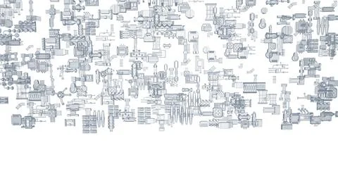 Complex industrial schematic of interconnected mechanical components Illustrazione stock