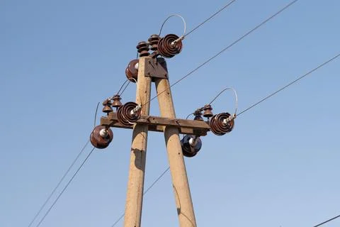 Complex insulator array on electric lines, multiple ceramic elements and meta Stock Photos