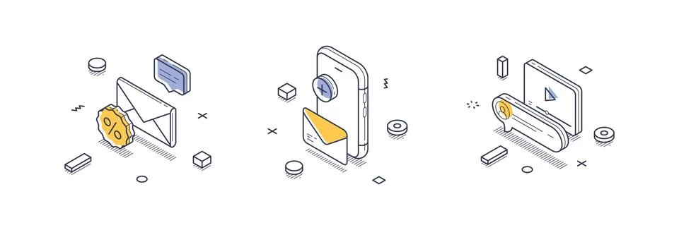 Complex isometric line icons represent various aspects of data analysis. Vect 스톡 일러스트