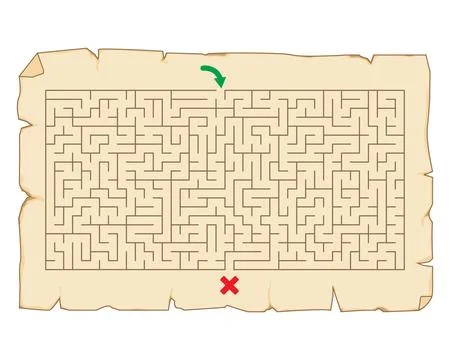 Complex labyrinth maze on aged parchment paper Illustrazione stock