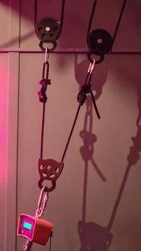 Complex lifting system featuring multiple pulleys, sturdy ropes, and a digita Stock Photos