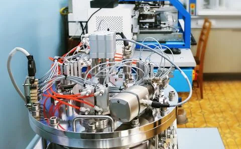 A complex machine with tubes and wires is set up in a laboratory. Surrounding Stock Photos
