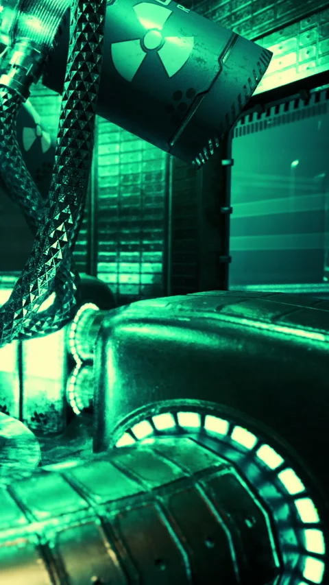 Complex machinery in a futuristic environment with green lighting Stock Footage 337954585