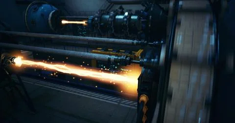 Complex machinery generating energy within futuristic power plant setting 库存插图