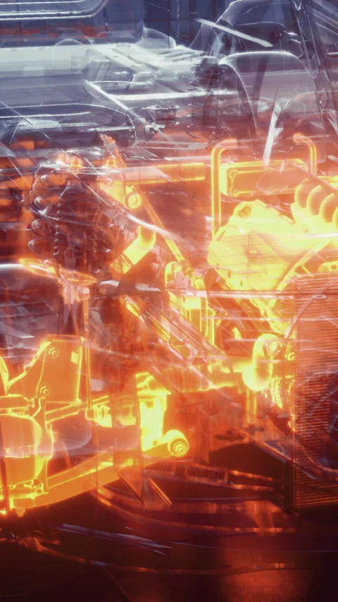 Complex machinery with glowing elements in a workshop setting Stock Footage 334883249