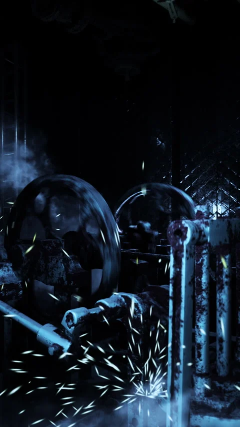 Complex machinery work in an engine room generating sparks and energy flow Stock Footage 319493137