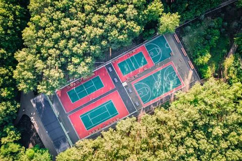 Complex of many sport fields in park, drone view Stock-Fotos