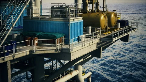 Complex marine oil rigs featuring processing units and sea surroundings Stock Footage 341831121