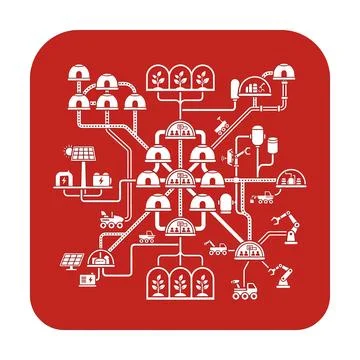 Complex mars colony blueprint diagram in red and white outlining a self-suf.. Stock Illustration