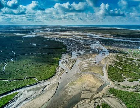 Complex marsh landscape in Norfolk drone view Stock Photos