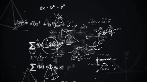 Complex math equations and geometry sketches on dark background. 4K Stock Footage 346767006