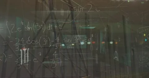 Complex math equations covering classroom window Foto stock