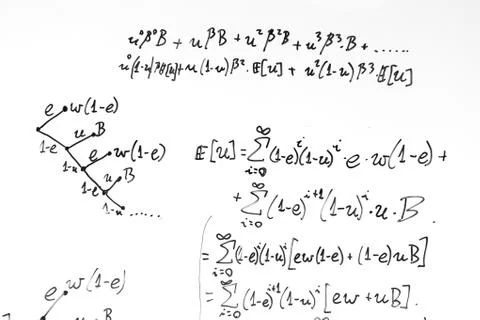 Complex math formulas on whiteboard. Mathematics and science with economics Foto stock