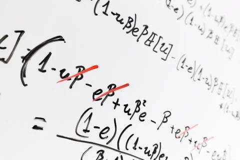 Complex math formulas on whiteboard. Mathematics and science with economics Stock Photos