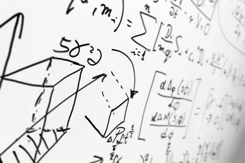 Complex math formulas on whiteboard. Mathematics and science with economics Stock Photos