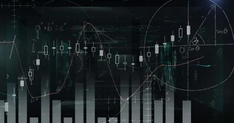 Complex mathematical formulas and graphs overlaying digital screen Stock Photos