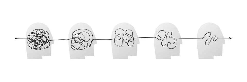 Complex messy connected line in head icon as concept of chaos solving. Process Illustration