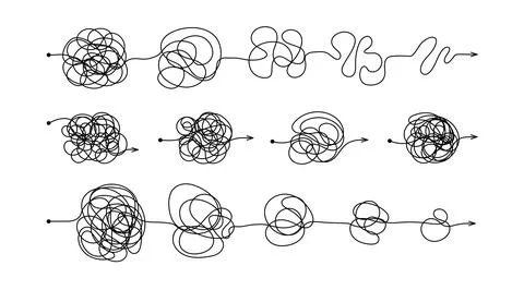 Complex messy connected lines as concept of chaos solving. Process of problem Illustrazione stock