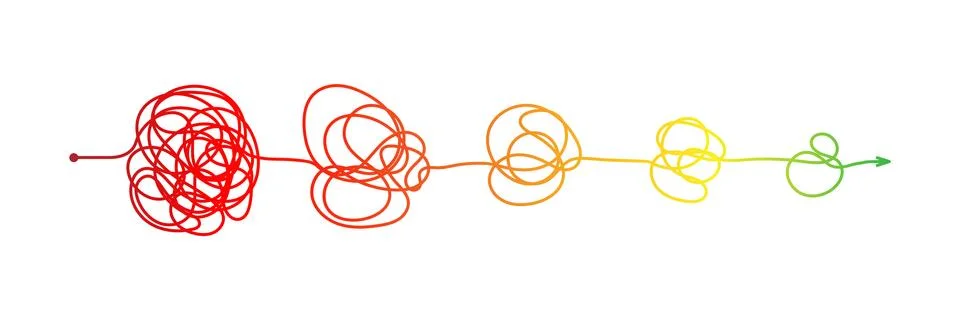 Complex messy connected lines as concept of chaos solving. Process of problem Illustrazione stock