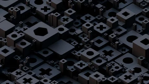 A complex, monochromatic arrangement of interlocking shapes creating a sense of Stock Footage 340237906