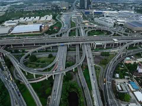 Complex Multi Level Highway Interchange System Connecting Suburban Transit .. Stock Photos