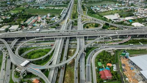 Complex Multilevel Highway Interchange System With Heavy Traffic In Samut P.. Stock Photos