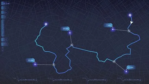Complex navigation route with time indicators and interface data. Vector Stock Illustration