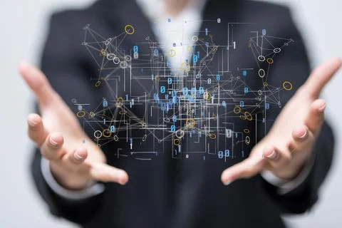 Complex network with binary numbers. Big data visualization background Stockfoto's